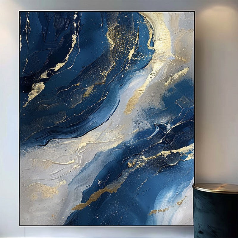 Luxury Handmade Abstract Oil Painting – Golden & Blue Modern Canvas Art, Frameless