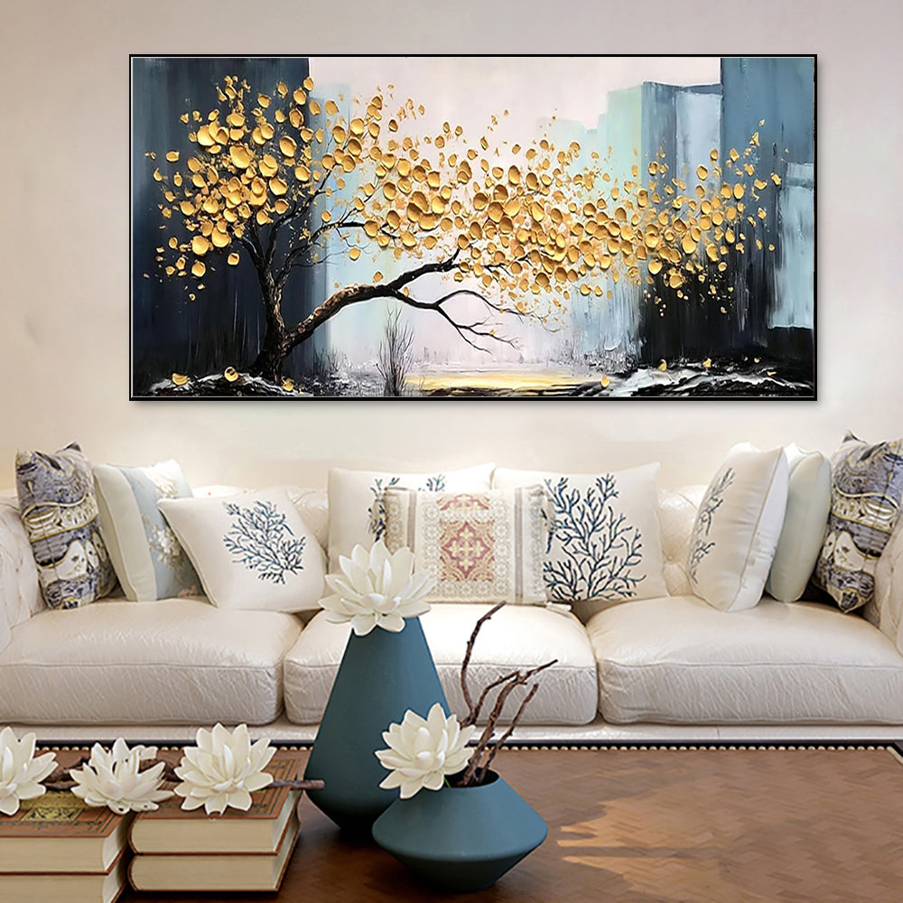 Luxury Hand-Painted Large Abstract Golden Tree Canvas Art—Modern Lucky Tree Landscape for Elegant Living Spaces