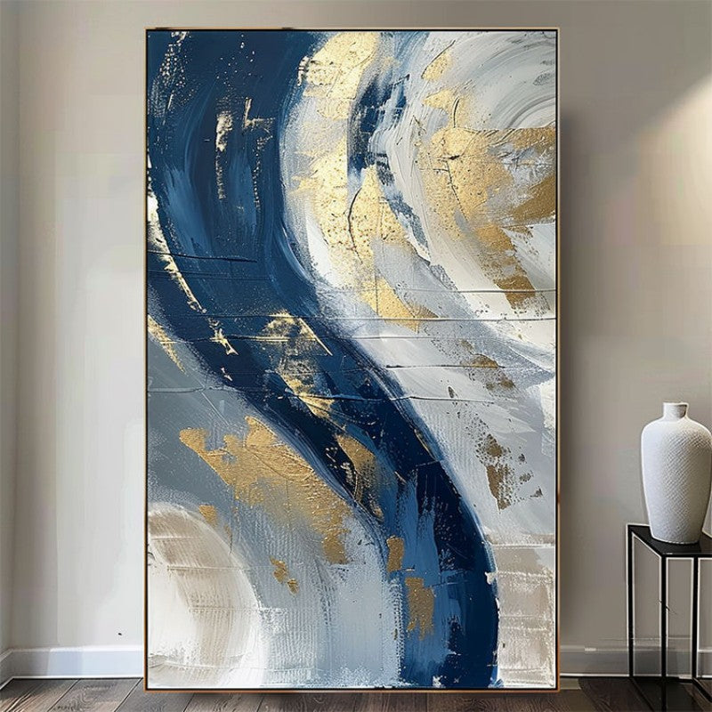 Luxury Handmade Abstract Oil Painting – Golden & Blue Modern Canvas Art, Frameless