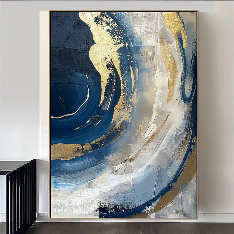 Luxury Handmade Abstract Oil Painting – Golden & Blue Modern Canvas Art, Frameless