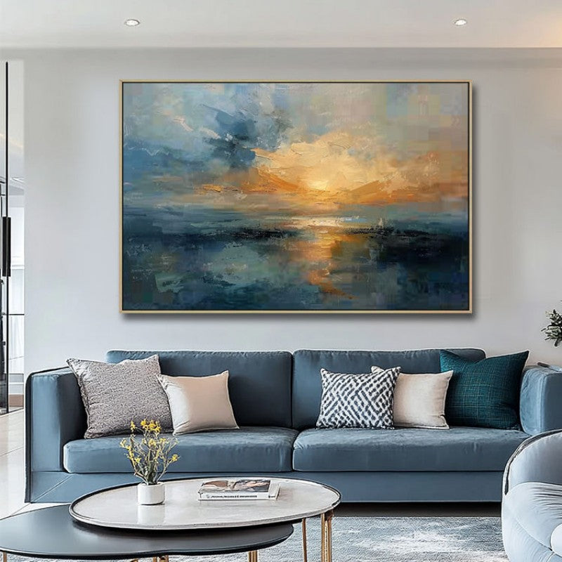 Handmade Oil Painting Canvas Wall Art Decoration Sunset Over The Sea Abstract Sunrise Landscape (Rolled Frameless Unstretched Painting)