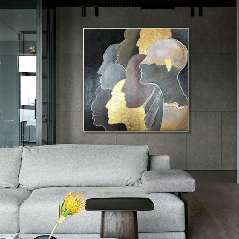 Luxury Handmade Oil Painting – Golden Abstract Portrait Canvas Art, Modern Rolled & Frameless