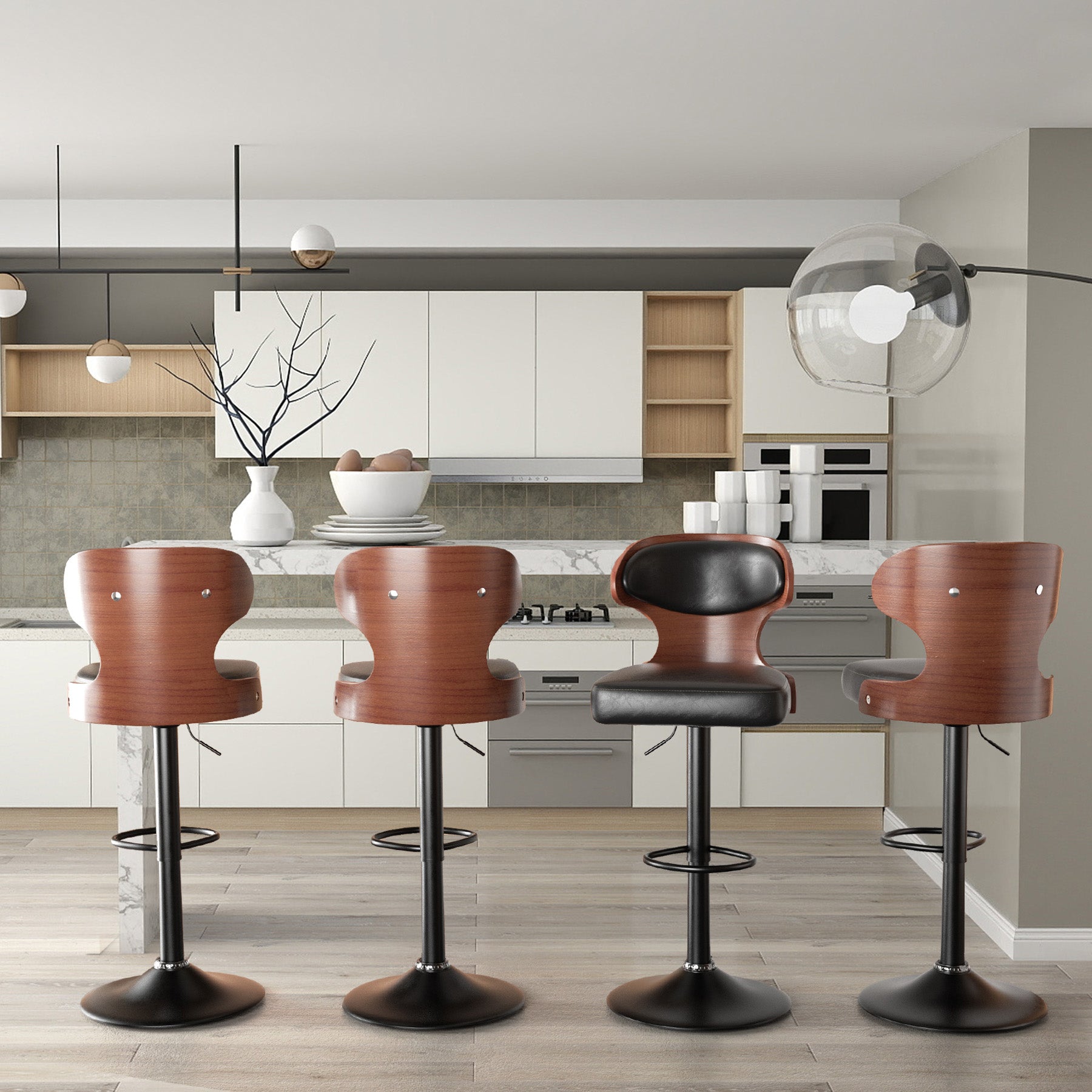 Bentwood Swivel Counter Chairs - PU Leather (Set of 2)