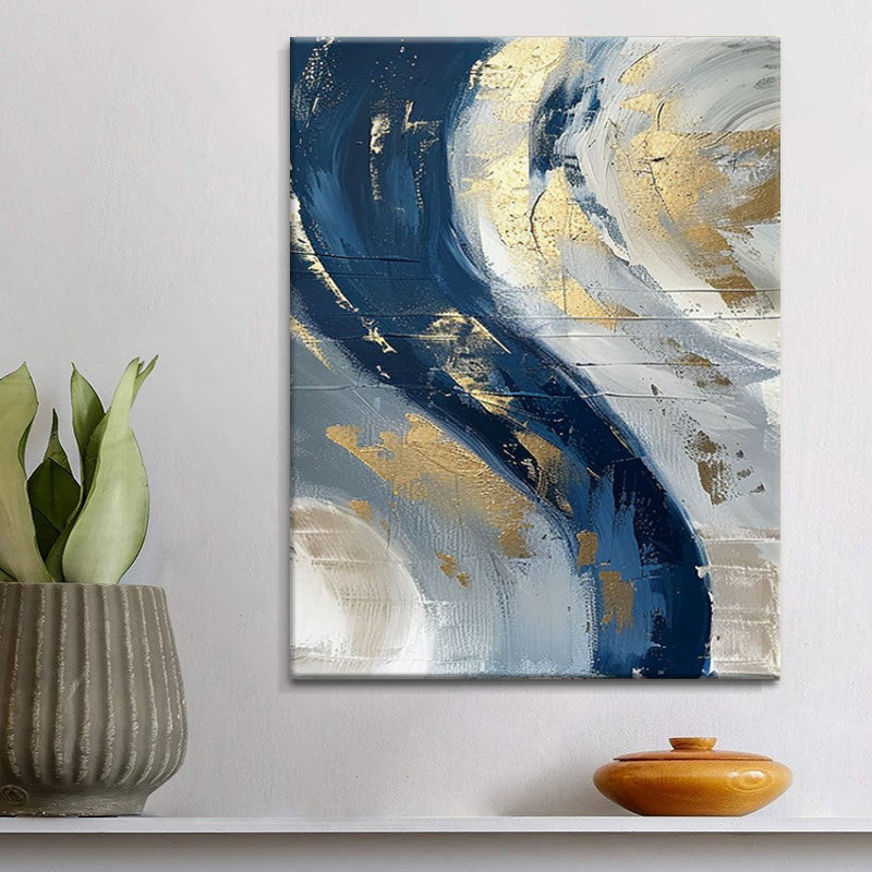 Luxury Handmade Abstract Oil Painting – Golden & Blue Modern Canvas Art, Frameless