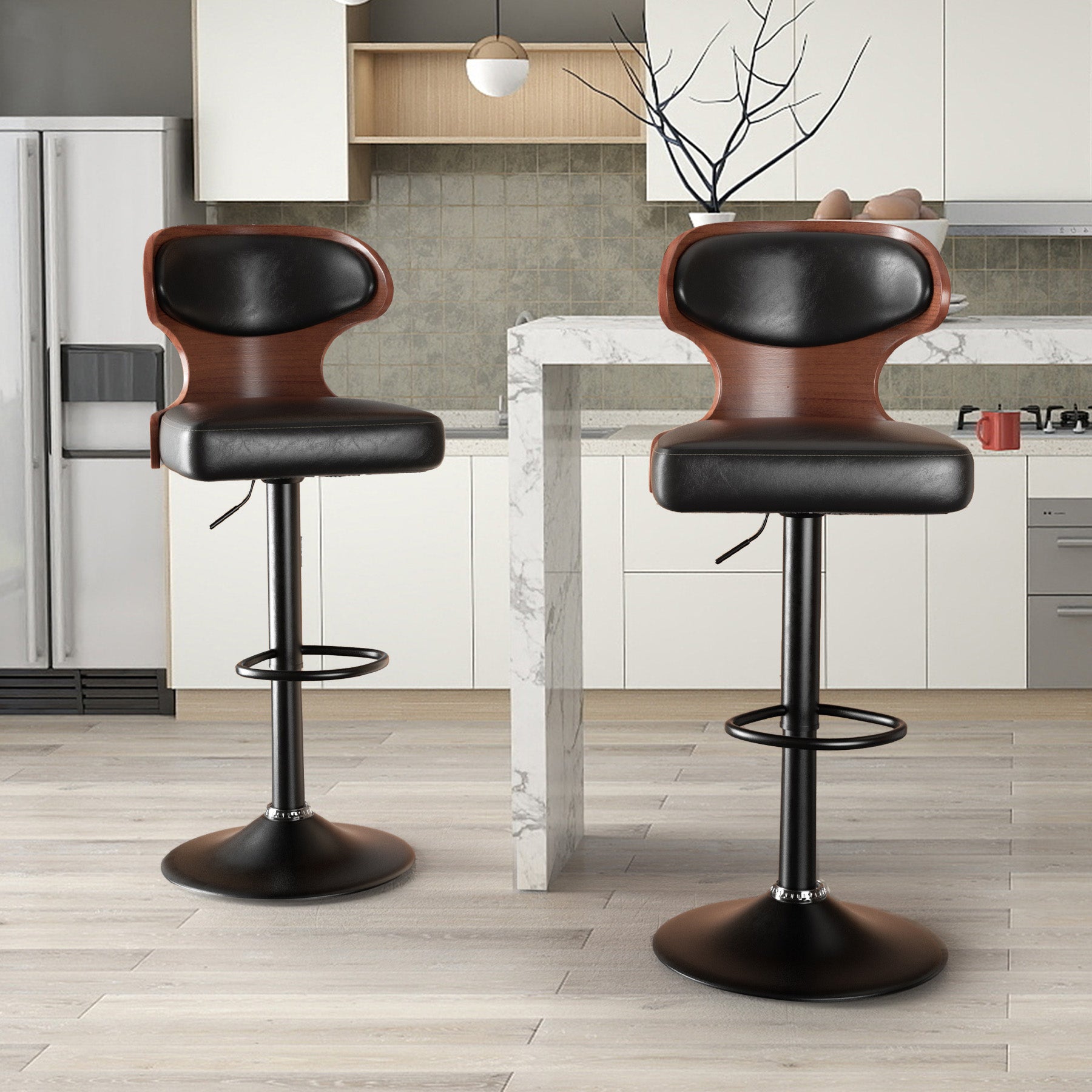 Bentwood Swivel Counter Chairs - PU Leather (Set of 2)