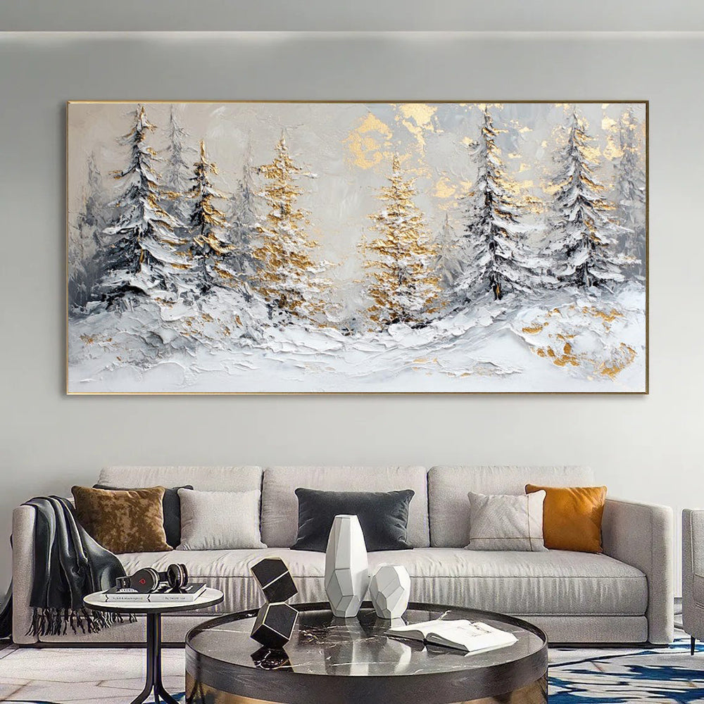 Luxury Handmade Oil Painting – Golden Pine Winter Scene Canvas Art, Rolled & Frameless