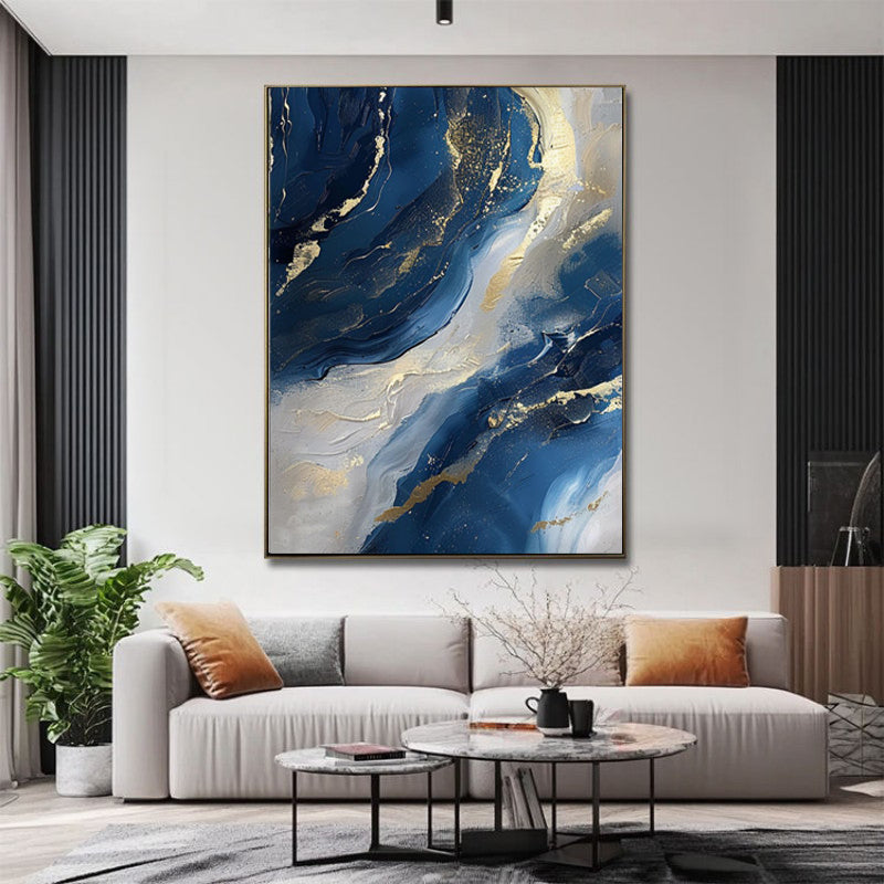 Luxury Handmade Abstract Oil Painting – Golden & Blue Modern Canvas Art, Frameless