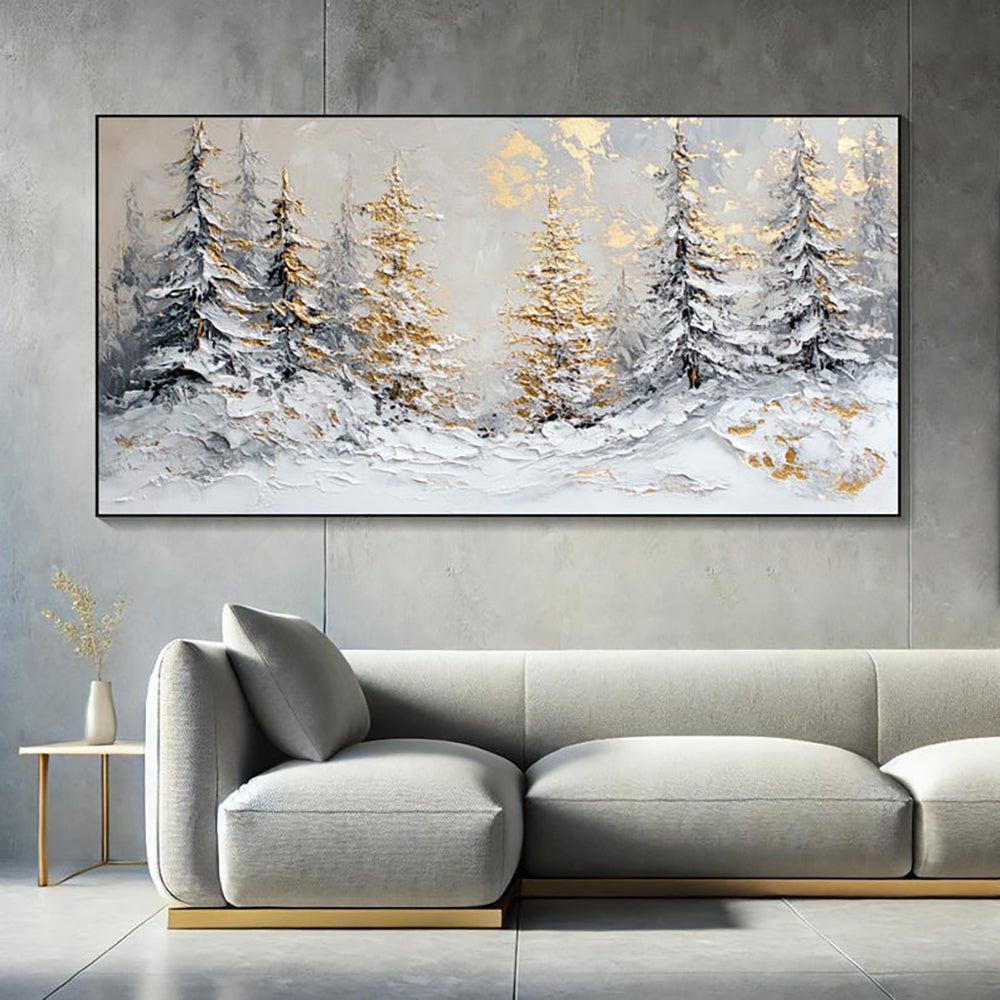 Luxury Handmade Oil Painting – Golden Pine Winter Scene Canvas Art, Rolled & Frameless