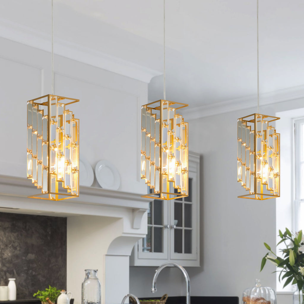 Modern 4″ Crystal Pendant Lights – 3-Pack Adjustable Gold Hanging Lamps