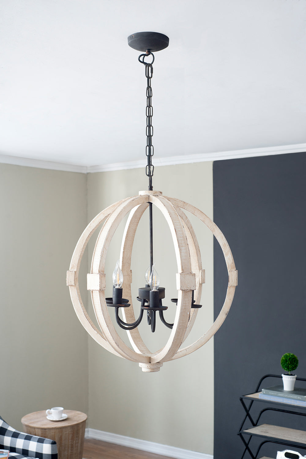 6-Light Wooden Chandelier with Adjustable Chain