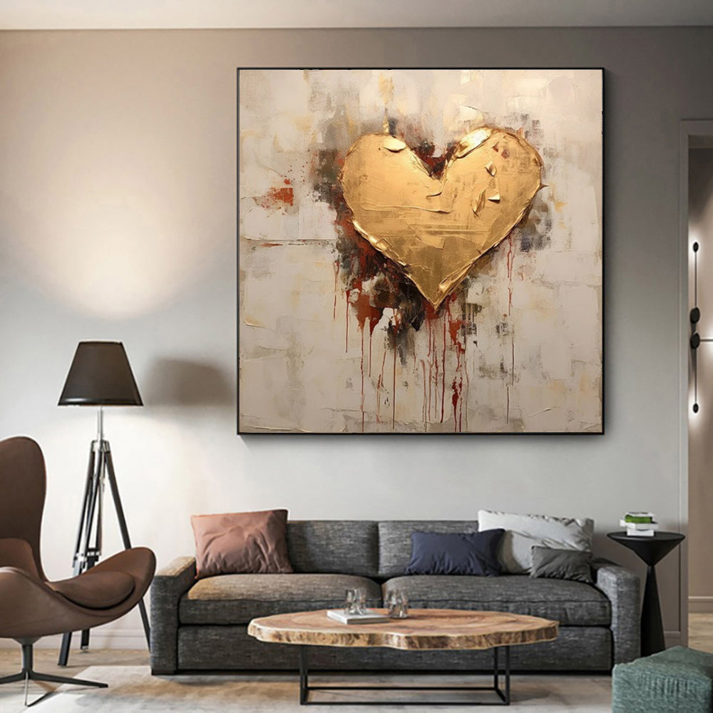 Abstract Hand Painted Painting Golden Foil Heart Painting Canvas Oil Painting Modern Texture Wal Art Picture