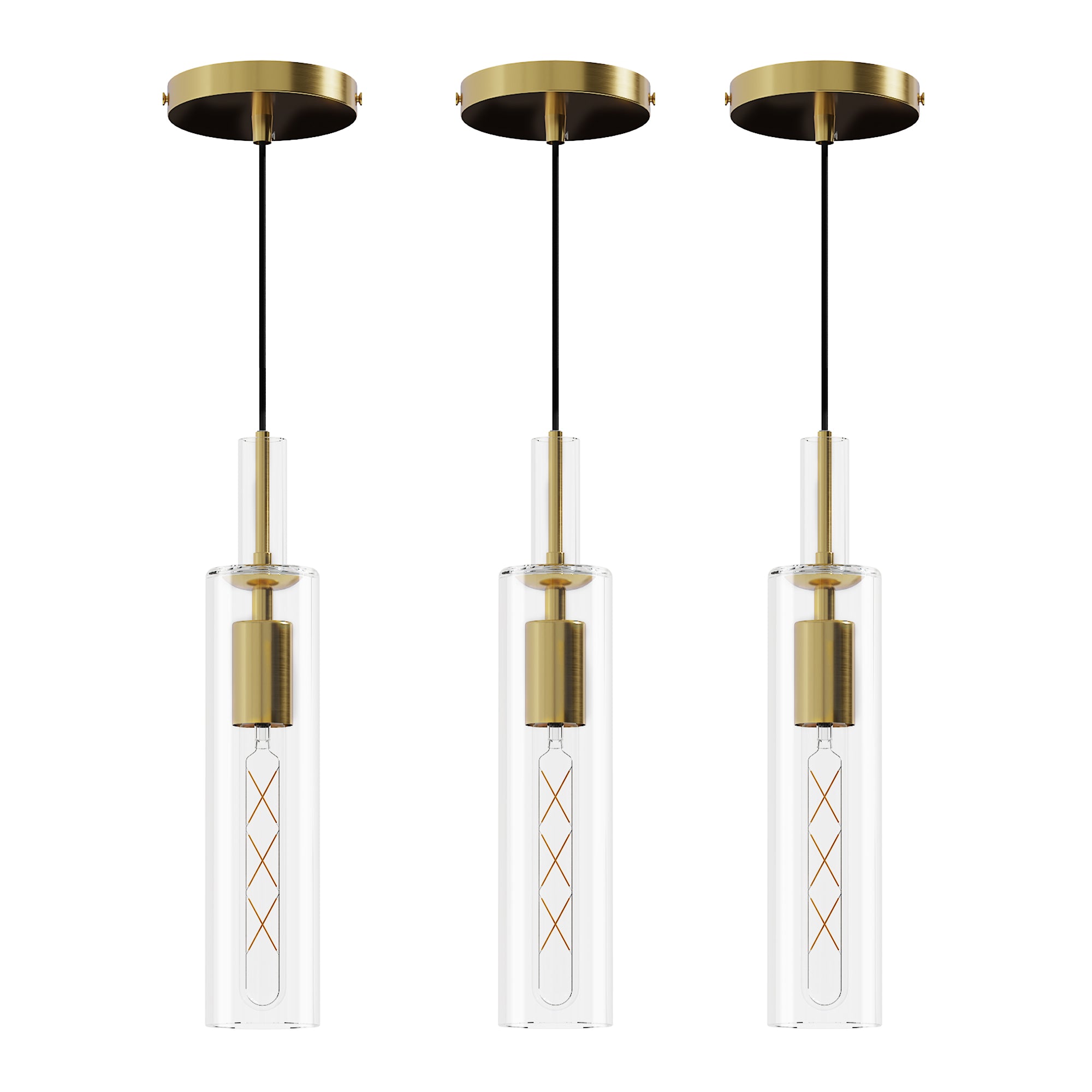 Gold Pendant Light Set – 3-Pack Modern Hanging Lights with Clear Striped Glass Shades