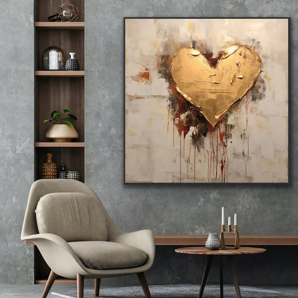 Abstract Hand Painted Painting Golden Foil Heart Painting Canvas Oil Painting Modern Texture Wal Art Picture