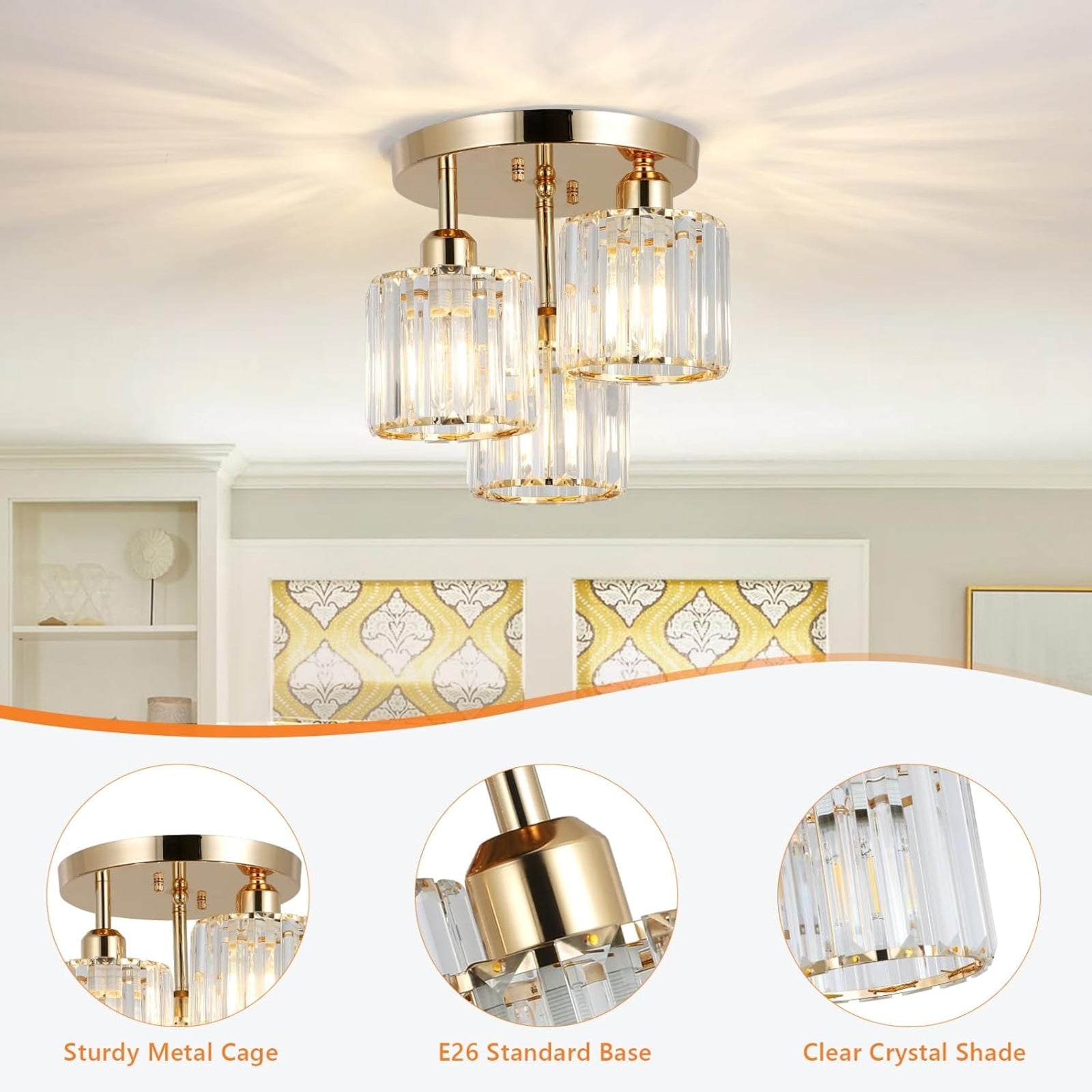 Modern 3-Light Crystal Ceiling Fixture