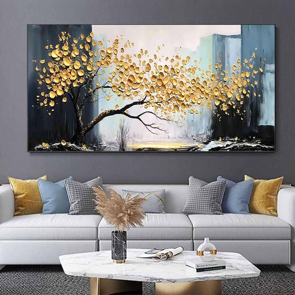 Luxury Hand-Painted Large Abstract Golden Tree Canvas Art—Modern Lucky Tree Landscape for Elegant Living Spaces