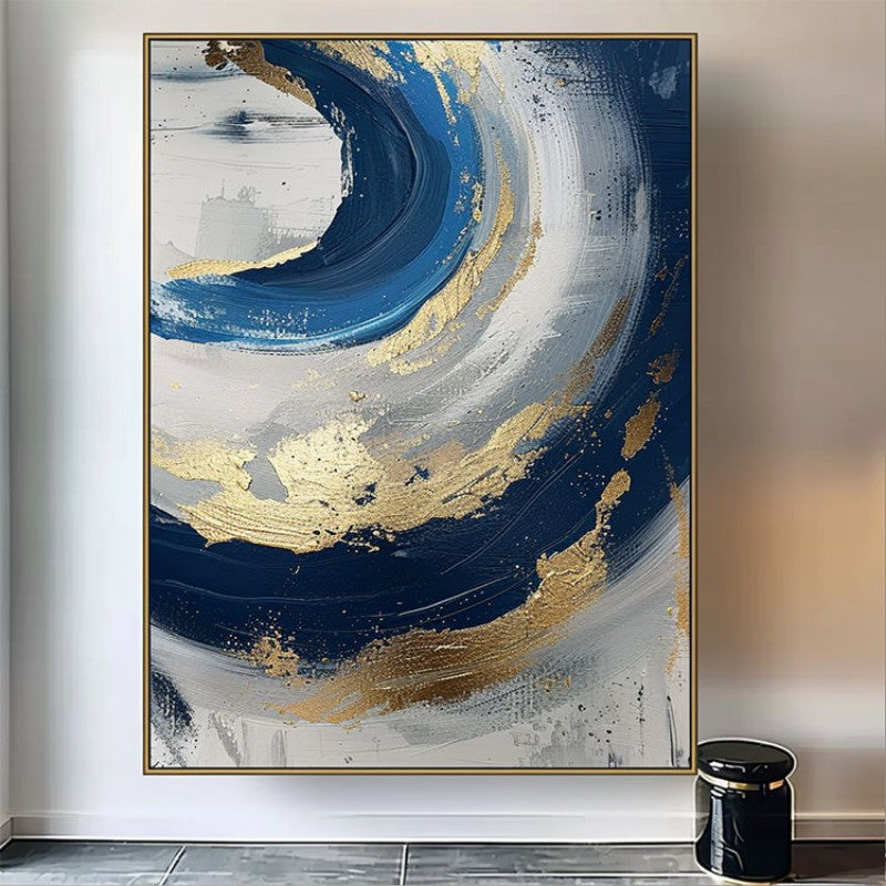 Luxury Handmade Abstract Oil Painting – Golden & Blue Modern Canvas Art, Frameless