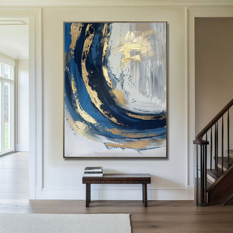 Luxury Handmade Abstract Oil Painting – Golden & Blue Modern Canvas Art, Frameless