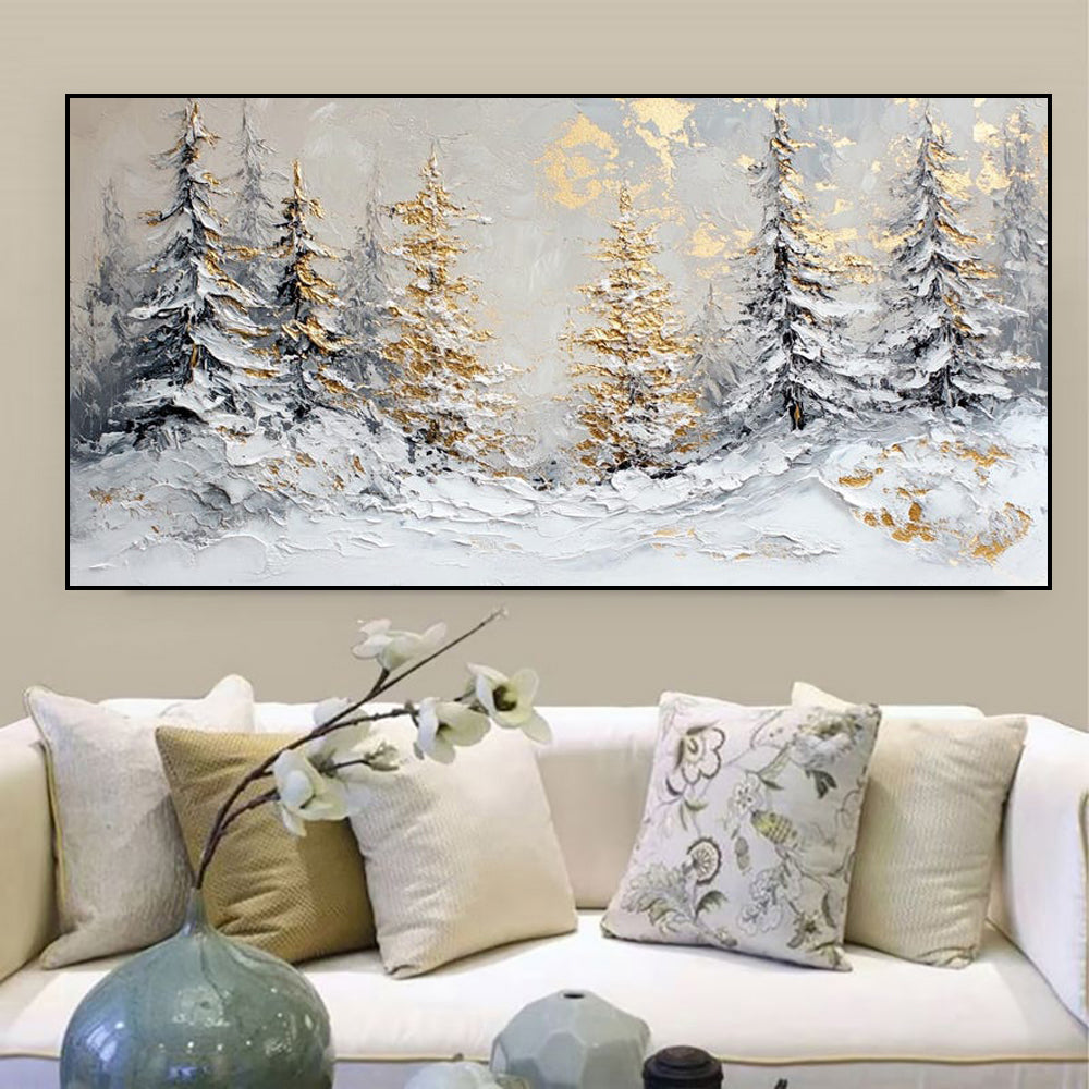 Luxury Handmade Oil Painting – Golden Pine Winter Scene Canvas Art, Rolled & Frameless