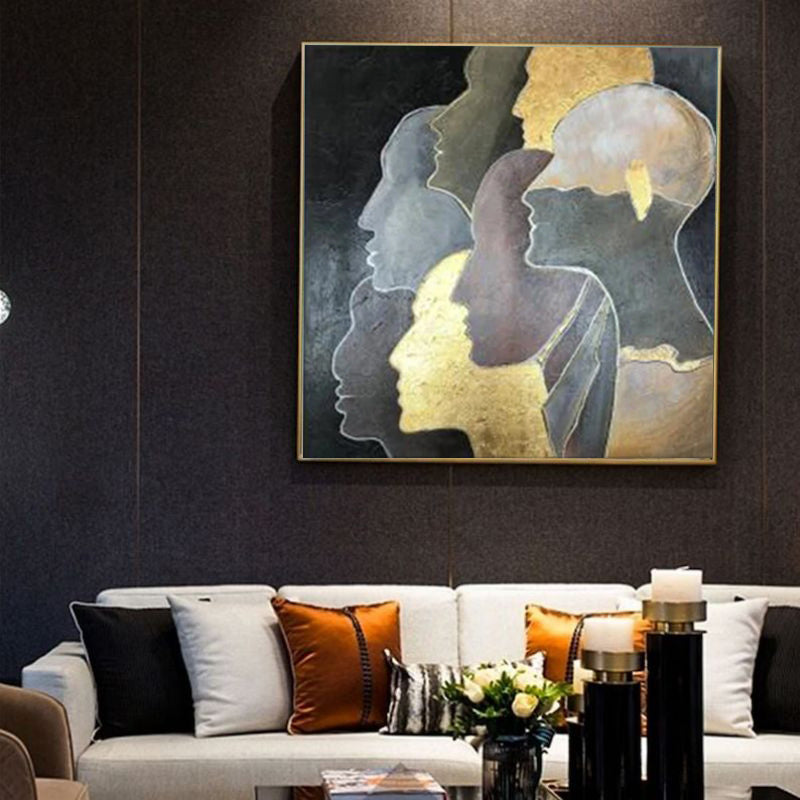 Luxury Handmade Oil Painting – Golden Abstract Portrait Canvas Art, Modern Rolled & Frameless