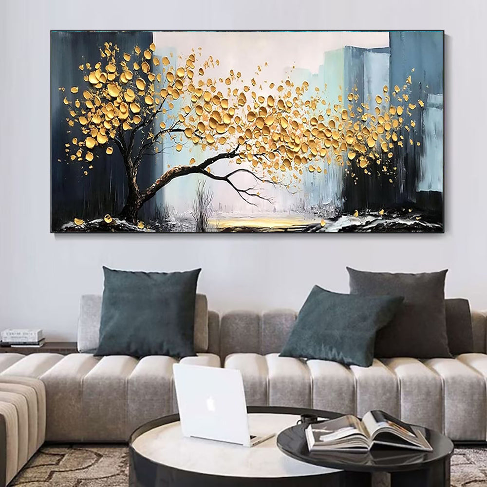 Luxury Hand-Painted Large Abstract Golden Tree Canvas Art—Modern Lucky Tree Landscape for Elegant Living Spaces