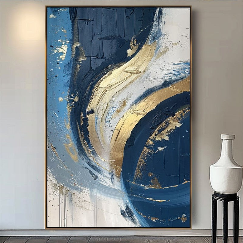 Luxury Handmade Abstract Oil Painting – Golden & Blue Modern Canvas Art, Frameless