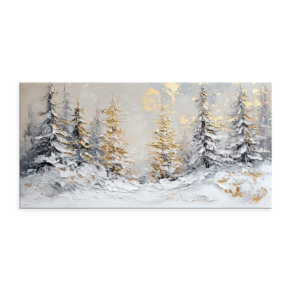 Luxury Handmade Oil Painting – Golden Pine Winter Scene Canvas Art, Rolled & Frameless