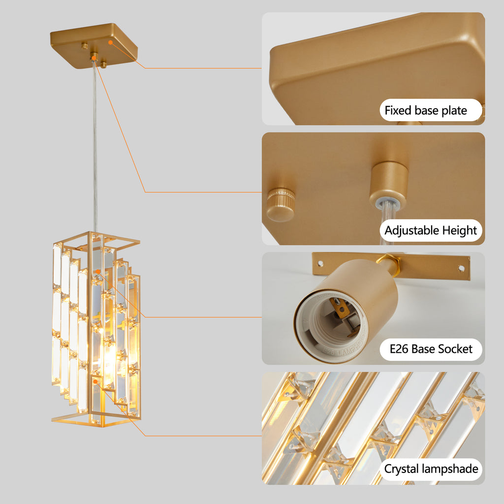 Modern 4″ Crystal Pendant Lights – 3-Pack Adjustable Gold Hanging Lamps