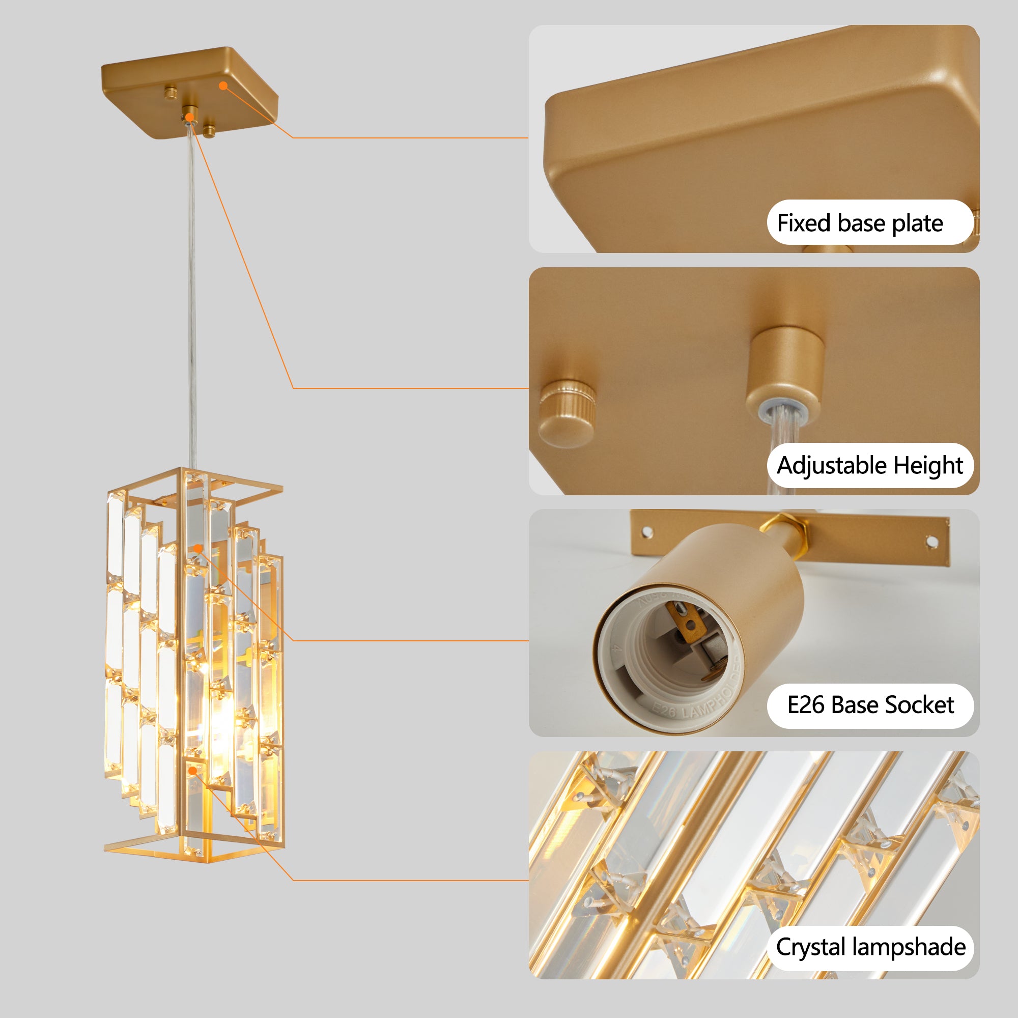 Modern 4″ Crystal Pendant Lights – 3-Pack Adjustable Gold Hanging Lamps