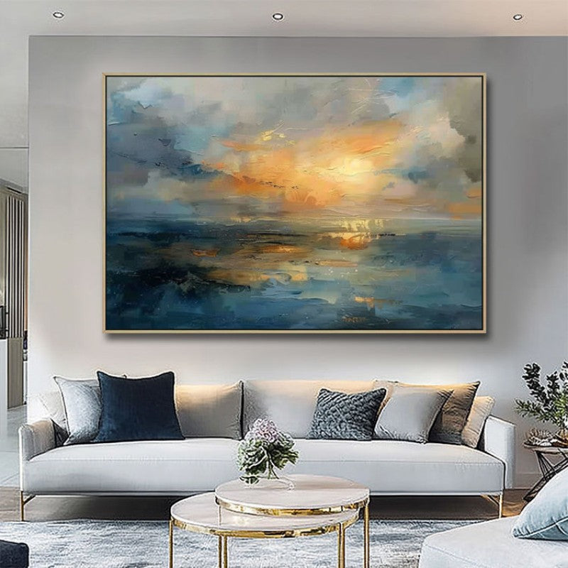 Handmade Oil Painting Canvas Wall Art Decoration Sunset Over The Sea Abstract Sunrise Landscape (Rolled Frameless Unstretched Painting)