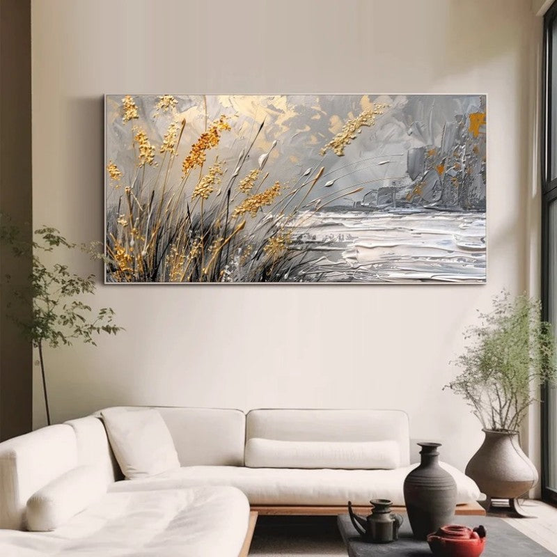 High-Quality Lake Reed Beds Contemporary Artist Hand-Painted Abstract Landscape Oil Painting