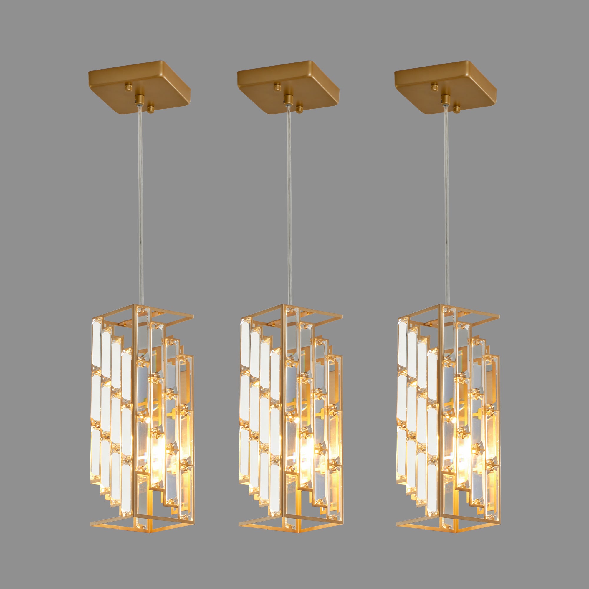 Modern 4″ Crystal Pendant Lights – 3-Pack Adjustable Gold Hanging Lamps