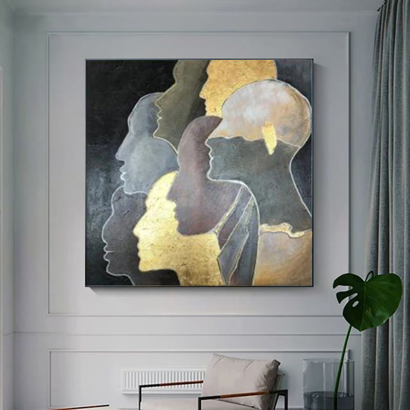 Luxury Handmade Oil Painting – Golden Abstract Portrait Canvas Art, Modern Rolled & Frameless