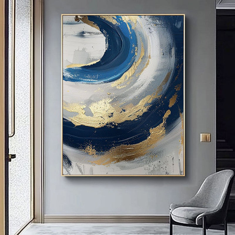 Luxury Handmade Abstract Oil Painting – Golden & Blue Modern Canvas Art, Frameless