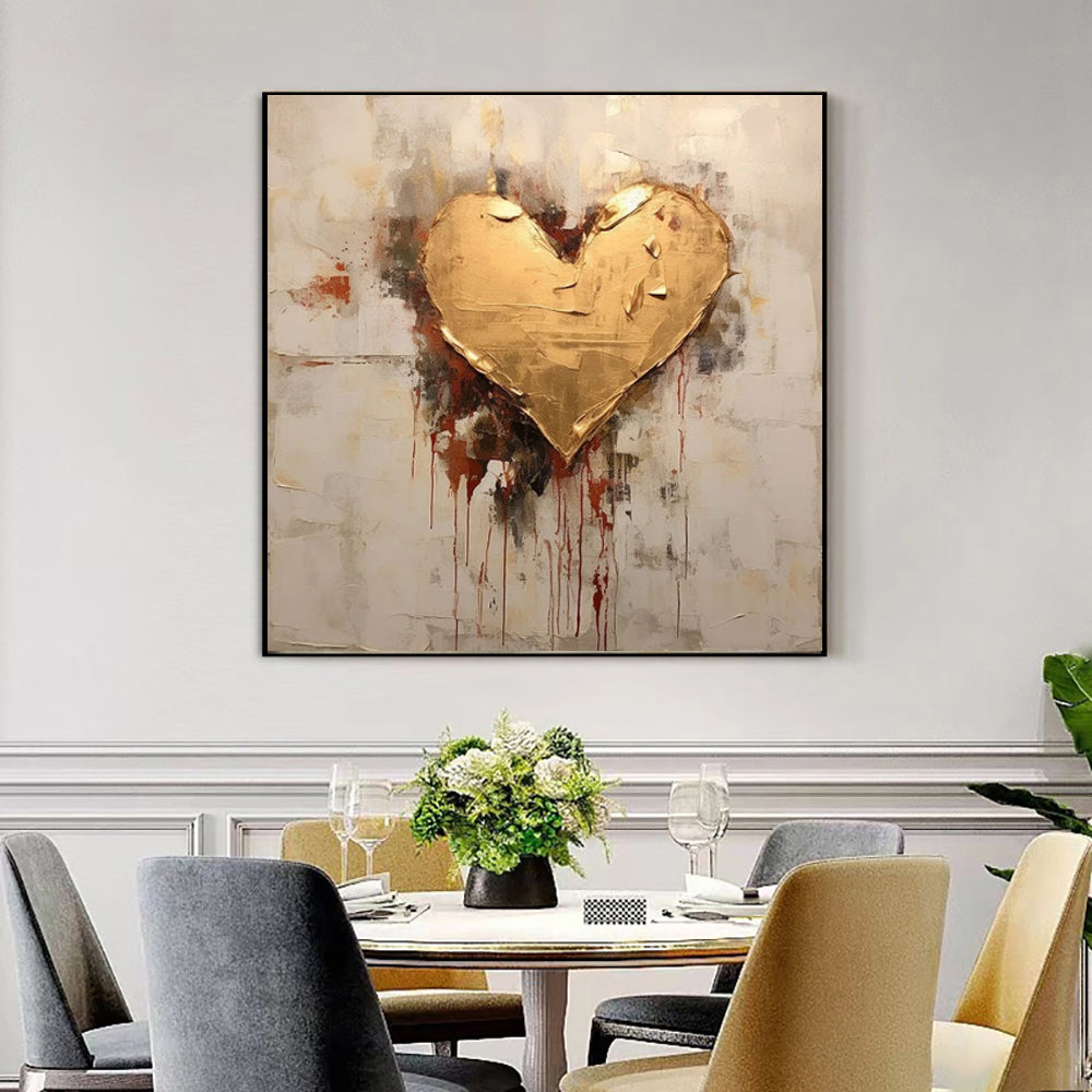 Abstract Hand Painted Painting Golden Foil Heart Painting Canvas Oil Painting Modern Texture Wal Art Picture