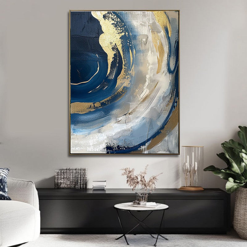 Luxury Handmade Abstract Oil Painting – Golden & Blue Modern Canvas Art, Frameless