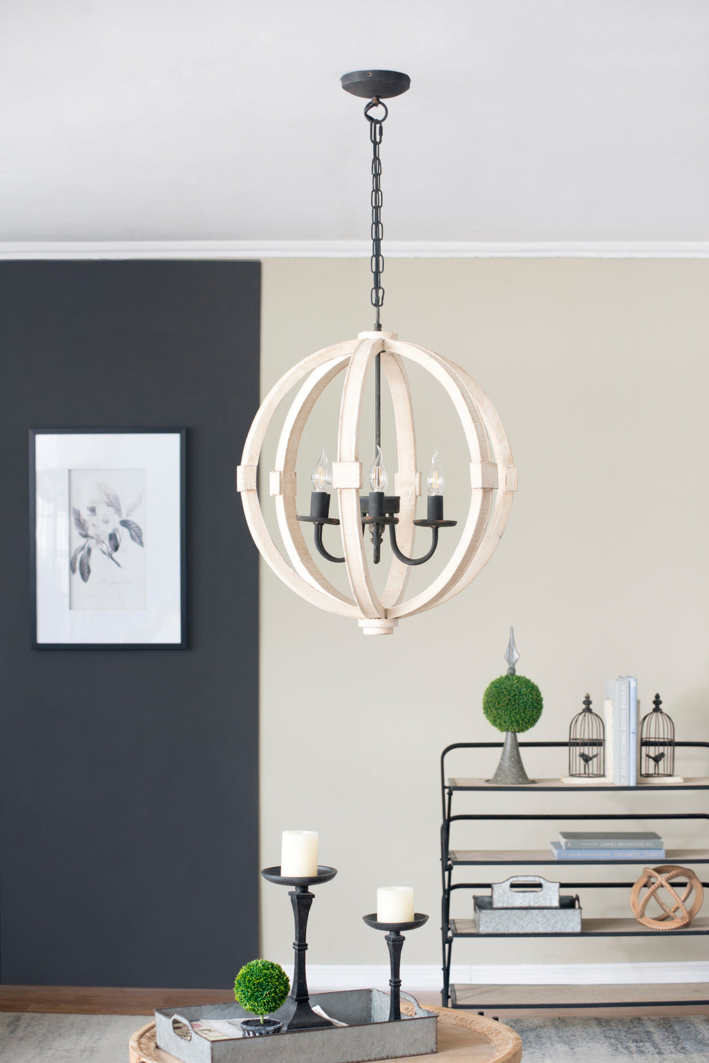 6-Light Wooden Chandelier with Adjustable Chain