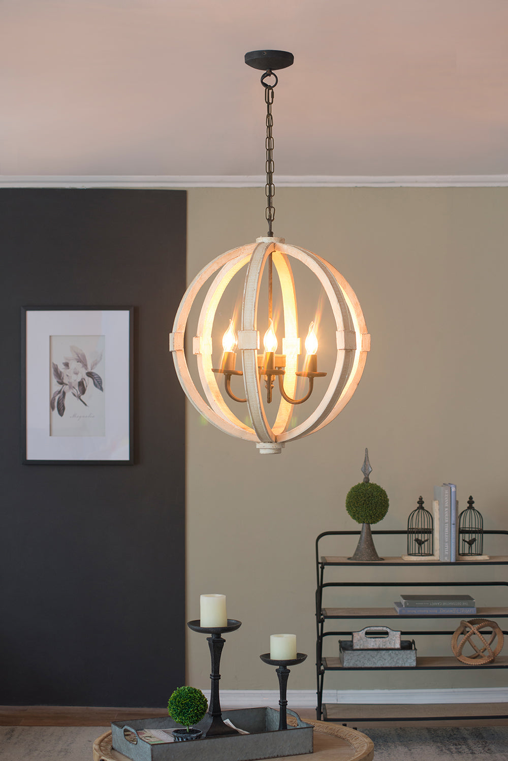 6-Light Wooden Chandelier with Adjustable Chain
