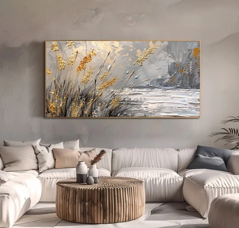 High-Quality Lake Reed Beds Contemporary Artist Hand-Painted Abstract Landscape Oil Painting