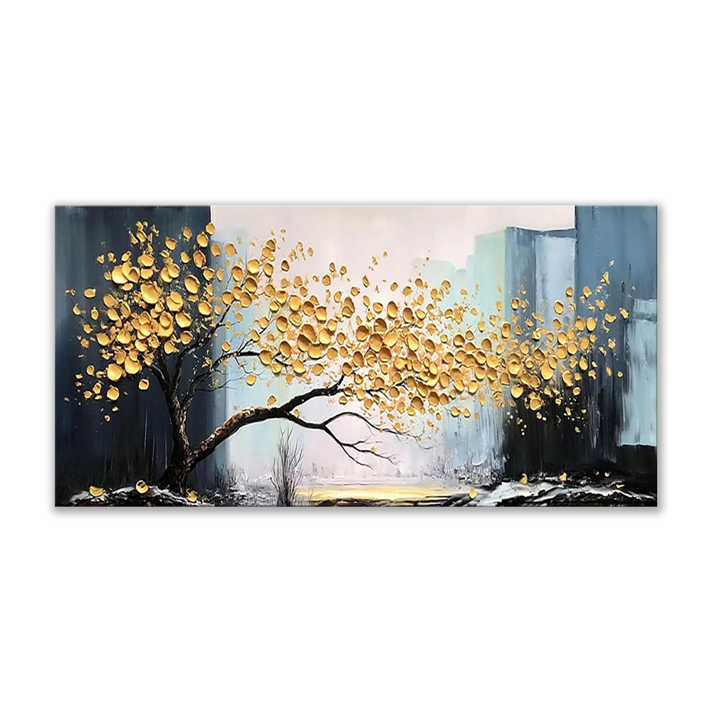 Luxury Hand-Painted Large Abstract Golden Tree Canvas Art—Modern Lucky Tree Landscape for Elegant Living Spaces