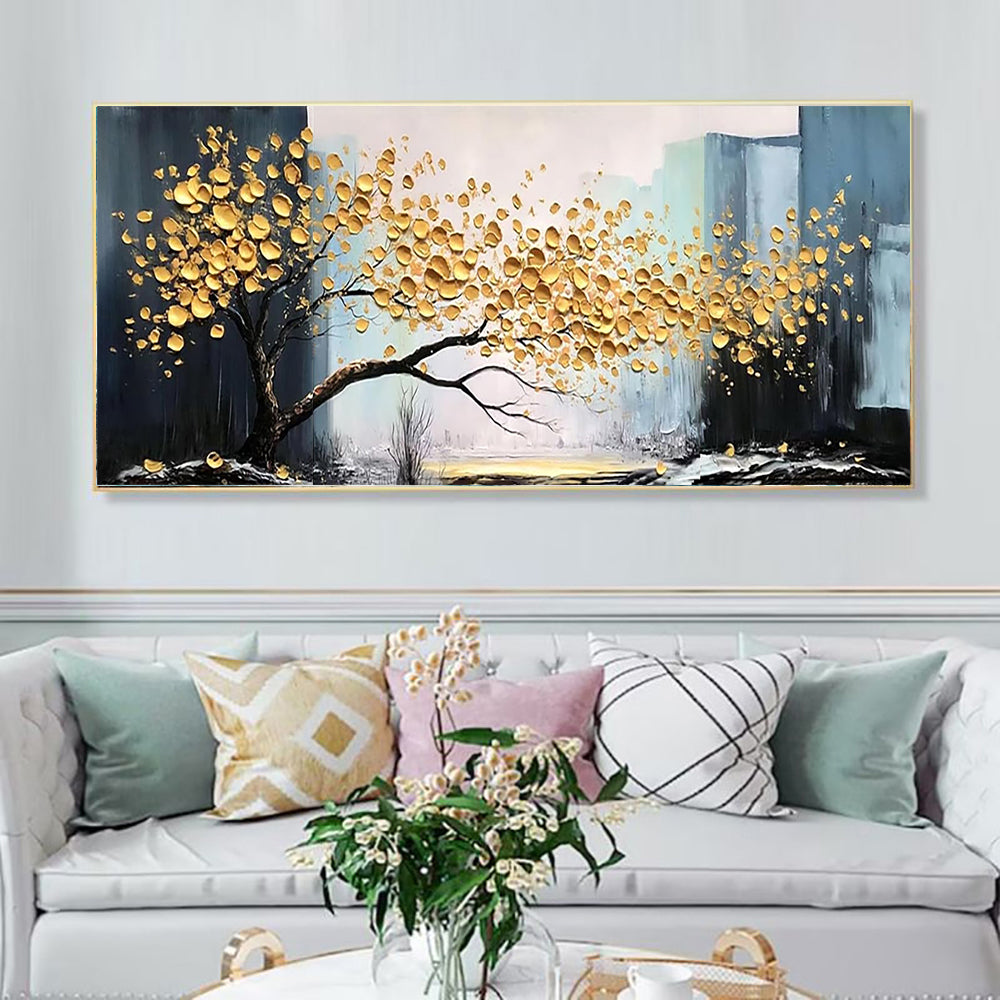 Luxury Hand-Painted Large Abstract Golden Tree Canvas Art—Modern Lucky Tree Landscape for Elegant Living Spaces