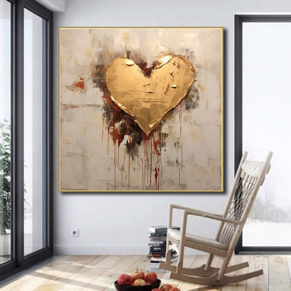 Abstract Hand Painted Painting Golden Foil Heart Painting Canvas Oil Painting Modern Texture Wal Art Picture