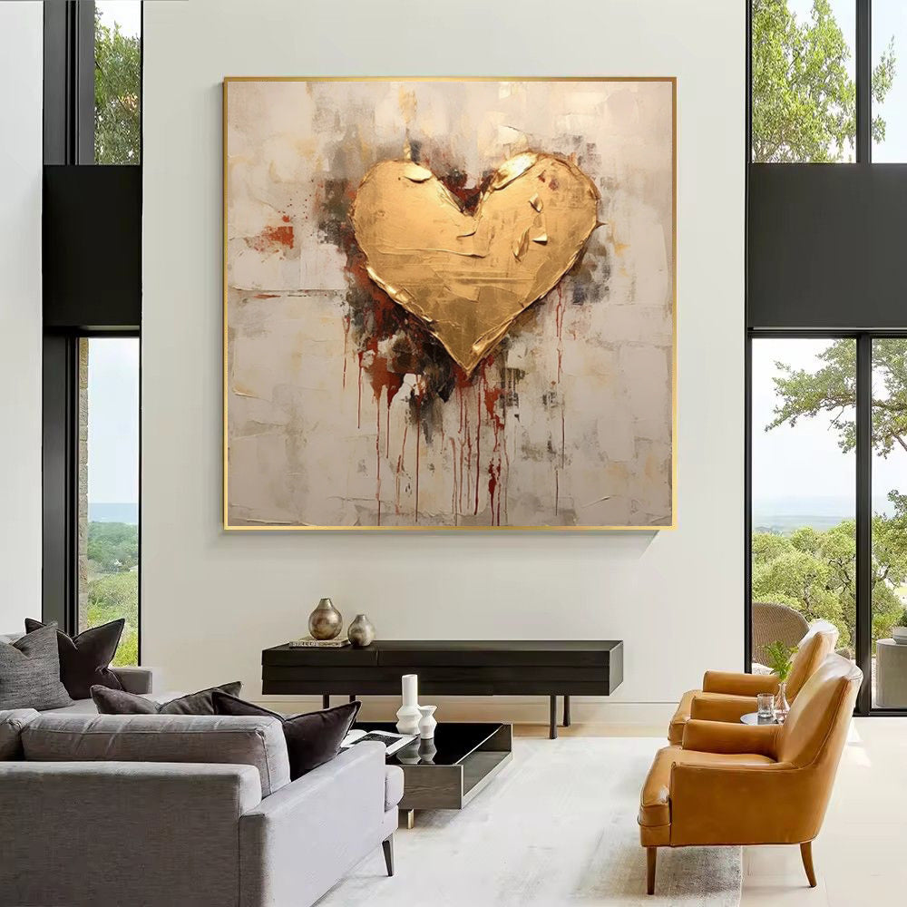 Abstract Hand Painted Painting Golden Foil Heart Painting Canvas Oil Painting Modern Texture Wal Art Picture