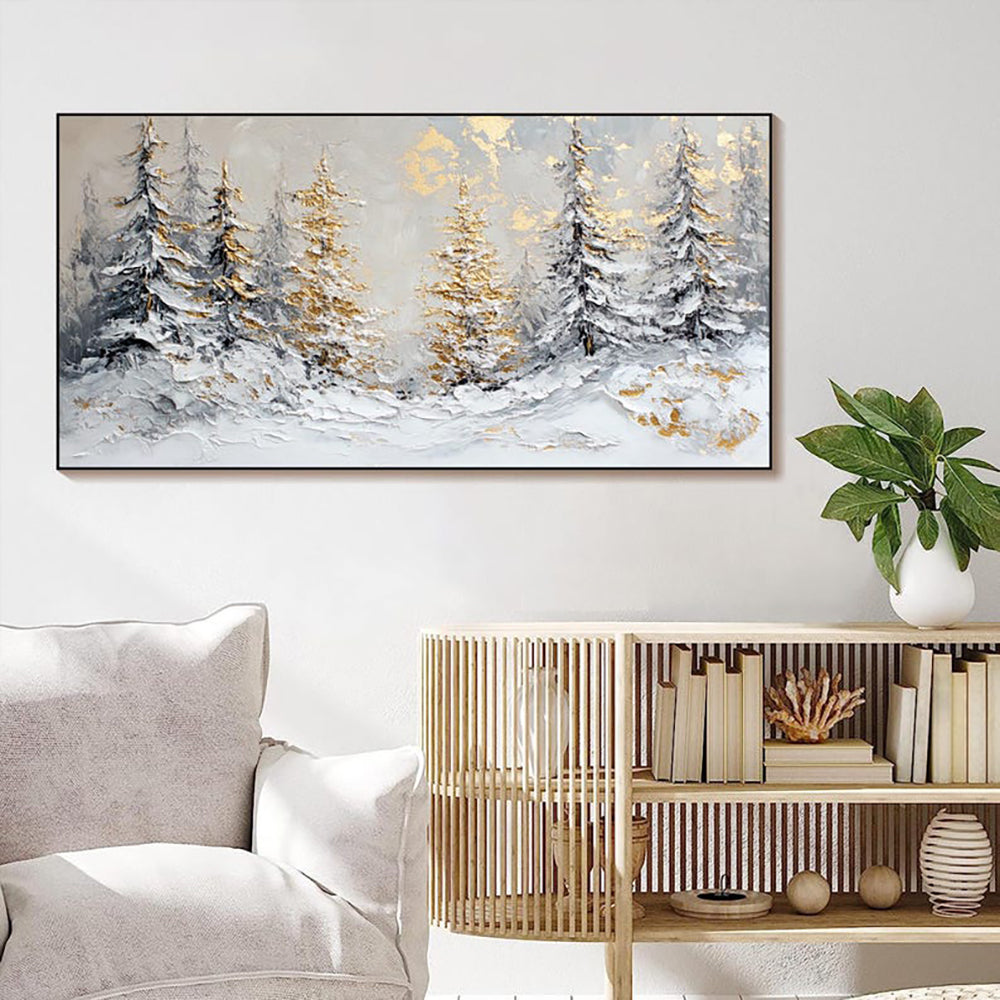 Luxury Handmade Oil Painting – Golden Pine Winter Scene Canvas Art, Rolled & Frameless