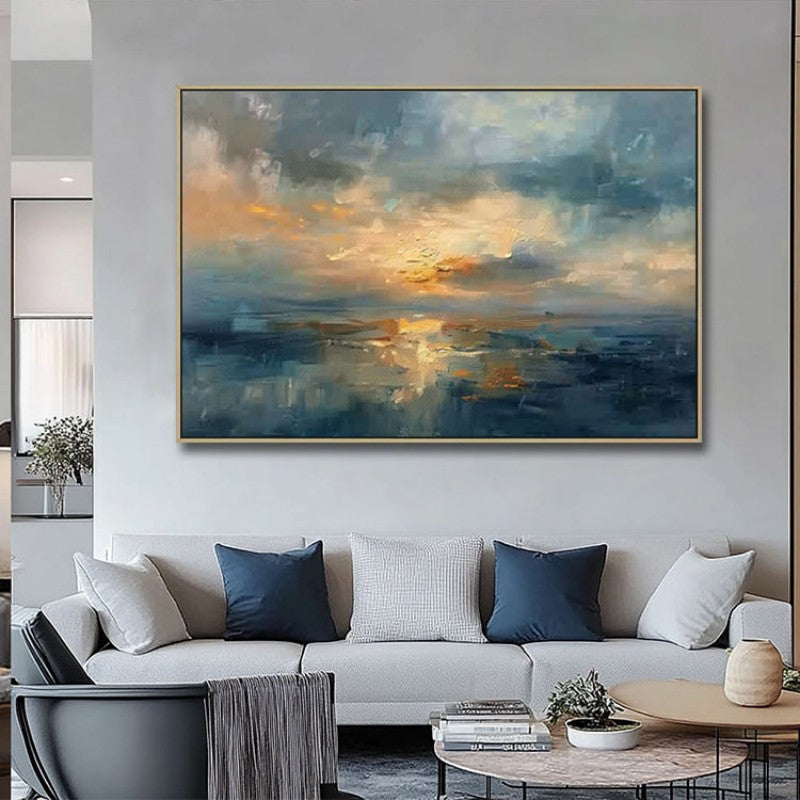 Handmade Oil Painting Canvas Wall Art Decoration Sunset Over The Sea Abstract Sunrise Landscape (Rolled Frameless Unstretched Painting)